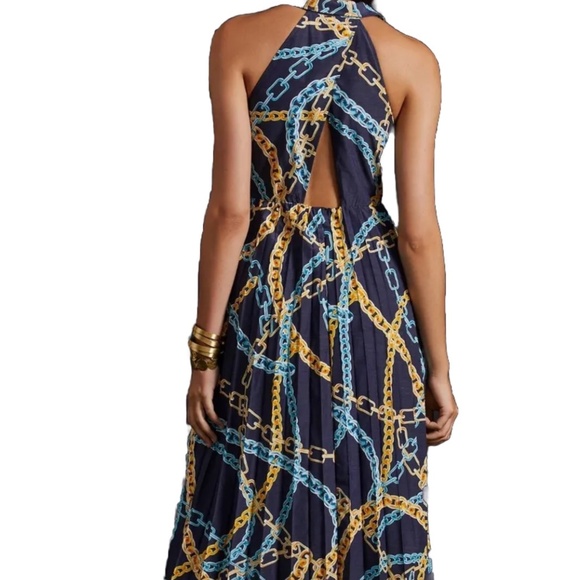 Anthropologie Maeve Chain Pattern Halter Maxi Dress - Navy and Gold - Picture 2 of 3